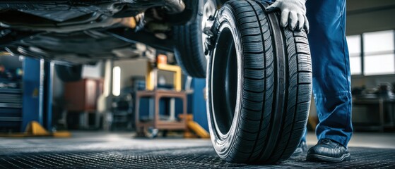 The mechanic changing a tire in a modern auto repair workshop.