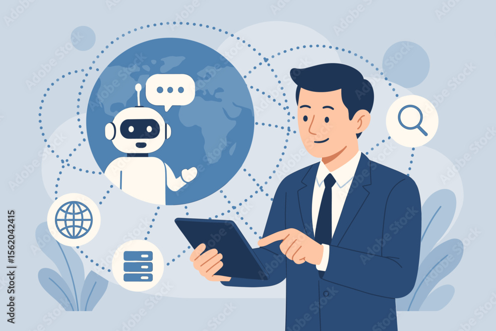 Poster businessman using tablet with ai chatbot for global business and customer service. artificial intell