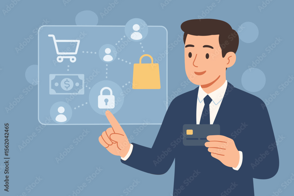 Poster businessman using credit card for online shopping and secure payment. e-commerce and digital transac