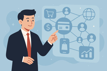 Businessman using a virtual interface for fintech and e-commerce. Concept for online banking, digital payments, and customer network management. Global business technology and financial innovation.