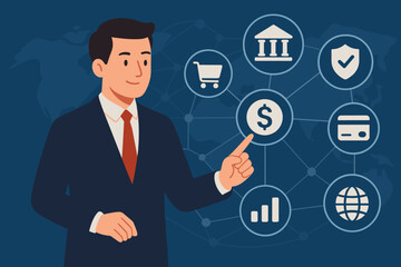 Businessman using fintech interface with icons for online banking, payments, and e-commerce. Global financial network, secure transactions, and customer data. Business innovation concept.
