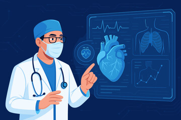 Medical technology concept with a doctor analyzing a human heart on a futuristic virtual screen. Cardiologist or surgeon examining EKG and patient test results on a digital hologram.