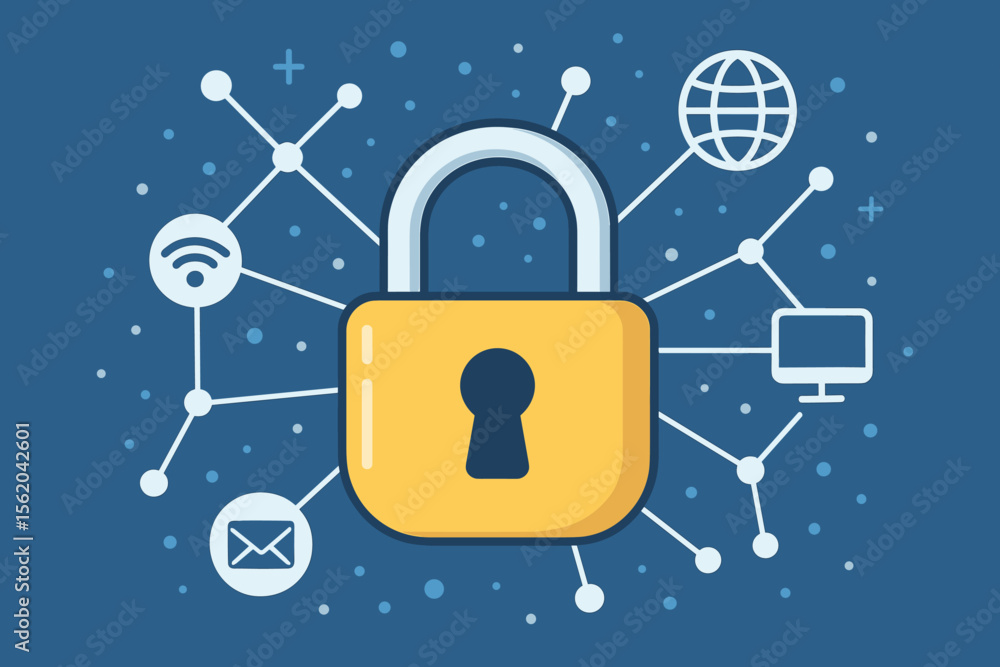 Poster cybersecurity concept with central padlock. internet data protection and digital privacy technology.
