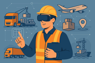 Smart logistics and transportation industry concept. Engineer in VR glasses managing global supply chain with augmented reality. Future of freight, cargo delivery, and shipping. Vector.