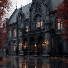 Fototapeta premium Grand gothic architecture shrouded in an atmospheric ambiance, illuminated by warm lights amid rain-slicked autumn leaves.