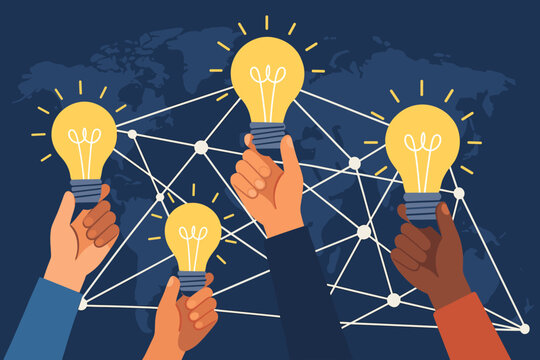Diverse hands holding glowing light bulbs symbolizing innovation, creativity, teamwork, and global network connectivity. Concept for idea sharing, collaboration, and international inspiration vector