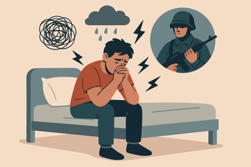 PTSD mental health disorder concept. Depressed man sitting on bed suffering from post traumatic stress, war flashbacks, anxiety, depression, trauma, military veteran, psychological pain illustration