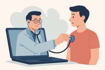 Telemedicine online doctor consultation concept. Virtual healthcare professional with stethoscope emerging from laptop screen examining patient. Remote medical service, digital health technology.