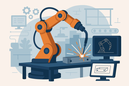 Industrial robotic arm welding automation, smart factory manufacturing process, digital control, CNC machinery, engineering technology, modern assembly line, vector illustration, no text