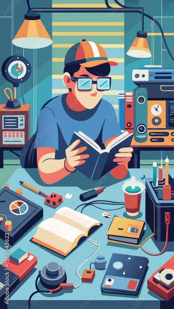 Poster a man is reading a book in front of a wall with a lot of electronics. the man is wearing glasses and