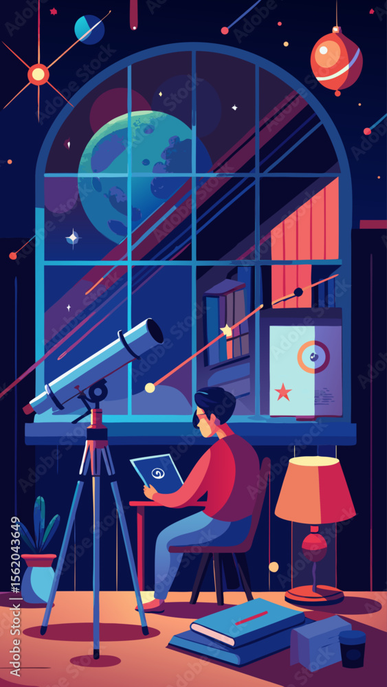Poster a man is sitting at a desk with a telescope in front of him. the room is filled with books and a lap