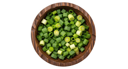 Isolated Sliced Green Onions in Wooden Bowl
