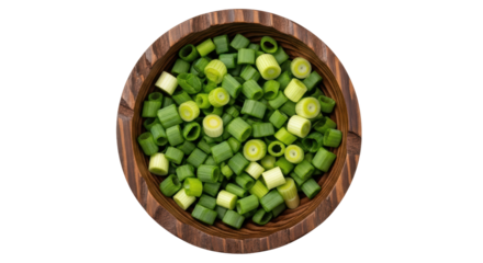 Isolated Sliced Green Onions in Wooden Bowl