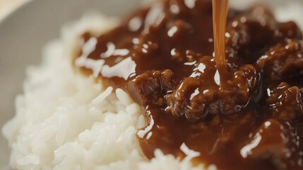 Close up of white rice topped with rich brown sauce, creating delicious and appetizing dish. sauce drips down, enhancing meal appeal