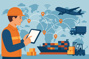 Logistics worker using tablet for global supply chain management, smart transportation, cargo ship, truck, forklift, import export, online goods order tracking, distribution network, world map