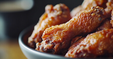 Crispy fried chicken wings piled in black bowl, showcasing their golden brown texture and delicious appeal. Perfect for gatherings