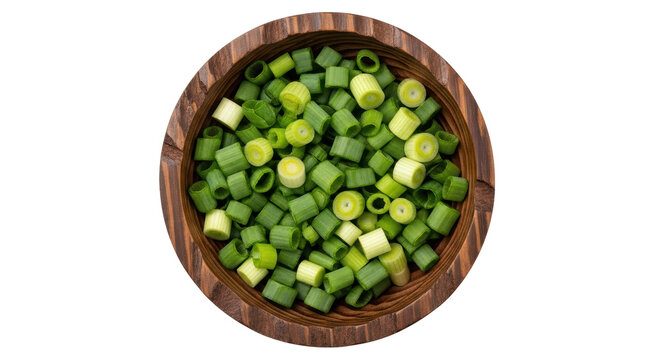 Isolated Sliced Green Onions in Wooden Bowl - Powered by Adobe