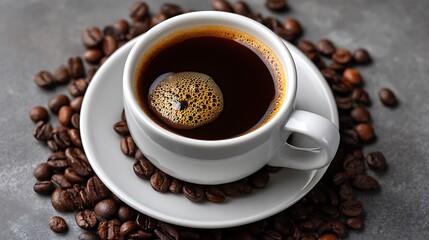 Fototapeta premium A close up shot of a white cup of hot black coffee with foam surrounded by roasted coffee beans on a grey surface