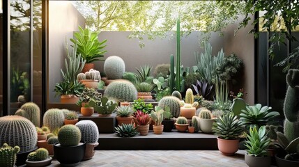 The contemporary arrangement of a home garden is adorned with a diverse array of exquisite plants- including cacti- succulents- and air plants. ai generative