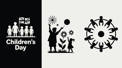 Children's Day Featuring Kids Holding Hands, Flowers, and a Circle of People