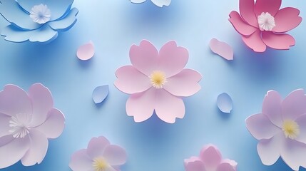 Pastel Paper Flowers Blue Background Floral Design