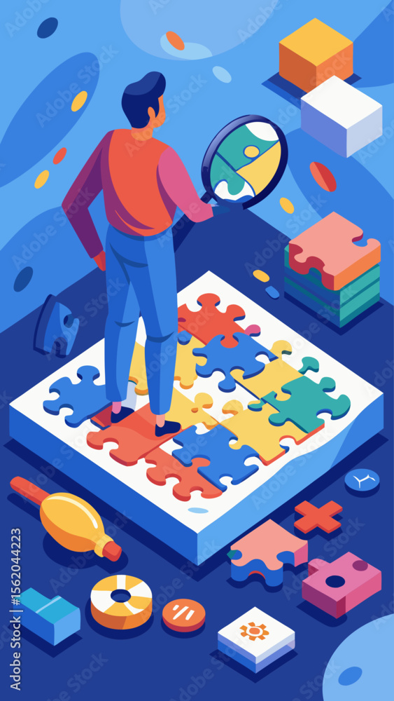 Poster a man is looking at a puzzle with a magnifying glass. the puzzle is made up of different colored pie