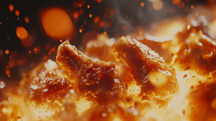 Fried chicken wings glisten with spicy glaze, surrounded by burst of flavor and sizzling heat, creating appetizing and vibrant scene