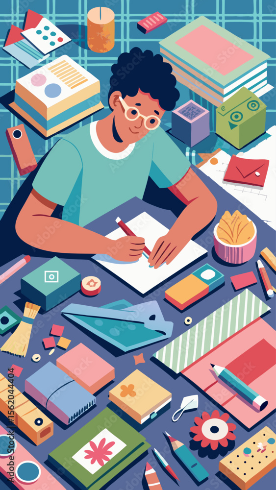 Poster a man is writing on a piece of paper in front of a cluttered desk. the desk is filled with various i