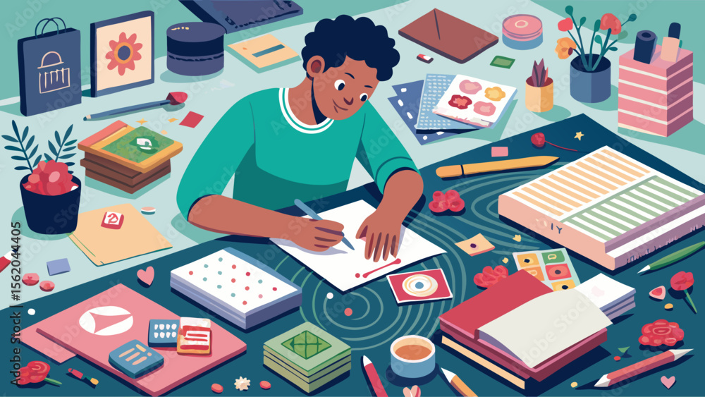 Poster a man is writing on a piece of paper in front of a cluttered desk. the desk is filled with various i