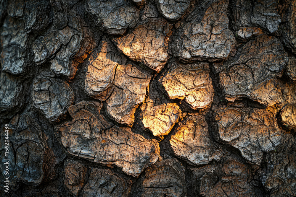Poster close-up of textured tree bark illuminated by warm sunlight, showcasing intricate patterns and deep 