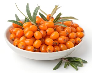 Full Plate of Fresh Sea Buckthorn Berries on White Studio Background