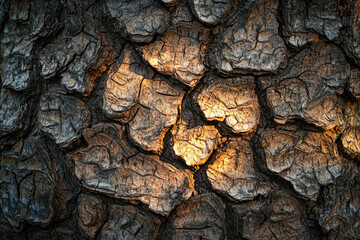 Close-up of textured tree bark illuminated by warm sunlight, showcasing intricate patterns and deep crevices.