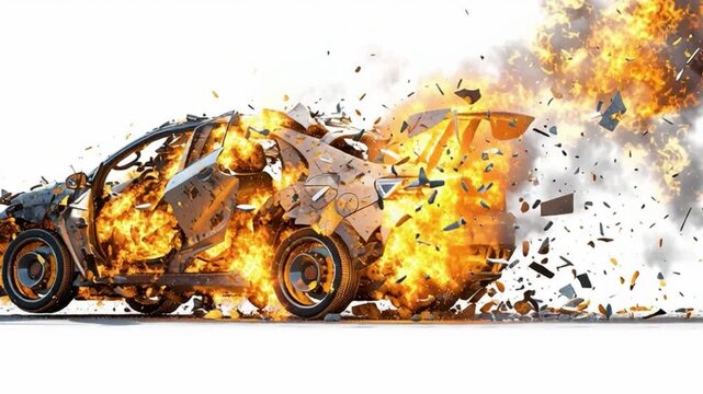 A heavily damaged car explodes with flames and flying debris, showcasing a violent and chaotic scene of destruction.