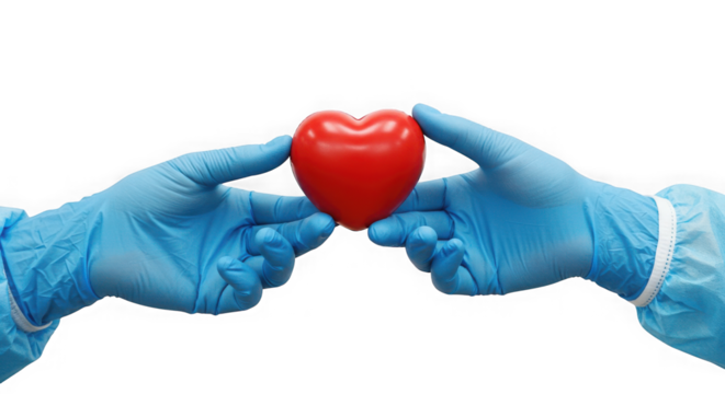 Two hands in blue gloves holding a red heart on a transparent background