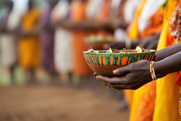 Fototapeta premium A group of people are holding a bowl with a green and orange design