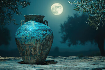 Ancient teal amphora under a full moon, rests on a stone surface, surrounded by olive trees at night.