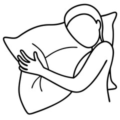 Line art illustration of person sleeping peacefully with pillow.  Simple line art drawing depicts person hugging pillow for comfort and relaxation.  Line art image perfect for sleep products.