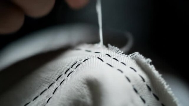 Close-up of hands sewing fabric with needle and thread, creating a stitched pattern in a sewing motion.