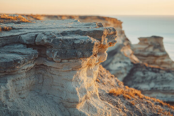 Sunset illuminates a rugged, layered rock formation overlooking a calm sea, showcasing nature's artistry.