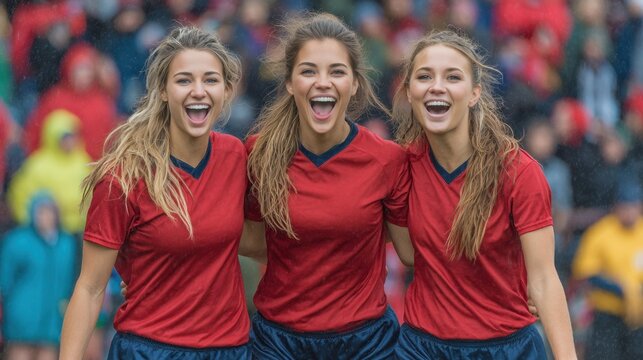 Smiling female soccer players celebrate victory on a rainy day at an outdoor stadium. Concept of triumph and team spirit in challenging conditions.