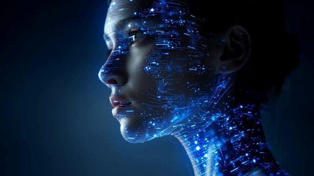 Futuristic AI system cybersecurity platform digital human face glowing blue circuit lines illuminating profile with data points dark background