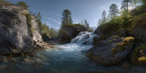 Waterfall action scene nature paradise hdr 360 degrees hdri view
