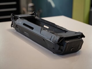 Battery module for an electric bike rests on a workbench after being carefully removed from its chassis. The component is being prepared for inspection and potential repairs