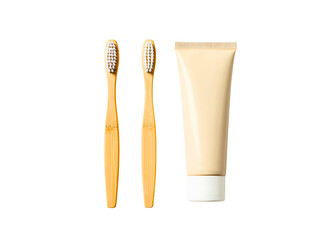 Natural bamboo toothbrush and toothpaste tube isolated