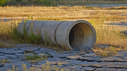 Large Concrete Pipe in Dry Grassland Abandoned Field