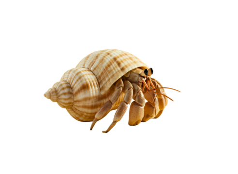 Close up of a hermit crab peeking out of its shell isolated on transparent background