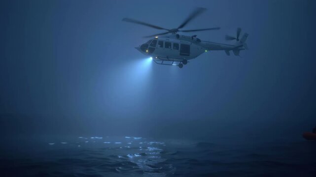 Coast guard helicopter using a powerful spotlight, searching for survivors in an inflatable boat amid the dark ocean at night, facing the challenges of bad weather and fog