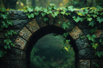 Stone archway shrouded in lush green ivy, creating a mystical, enchanting scene.