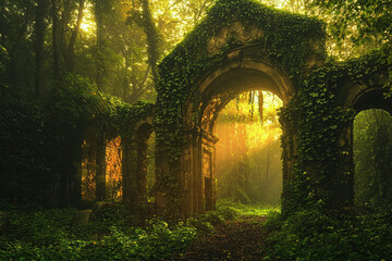 Sunlit path through overgrown stone archway in a mystical forest, hinting at ancient ruins and hidden secrets.