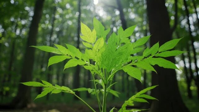 A vibrant green sapling, possibly a type of ash tree, thrives in the dappled sunlight of a lush forest, its leaves radiating outward in a symmetrical pattern against a blurred background of trees.